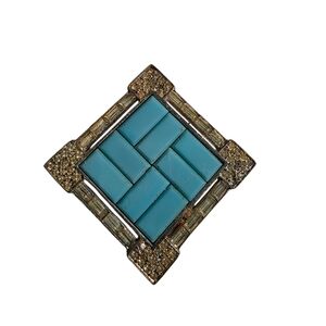 Vintage Jomaz Paved Brooch Turquoise  Rhinestone Pin Slide Signed Joseph Mazer